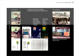 J.Redig 2007 / Design BR 1970 / Relevâncias dos Objetos   153




            POSTE SÍMBOLO                        LETREIROS DO POSTO PETROBRÁS                                POSTE ASSINATURA
                                                 no momento da mudança para o Projeto BR 1970




                                                             Inicialmente eram           Depois passaram
                                                             pintados a pistola,         a ser em acrílico
                                                             pelo verso da chapa         colorido,
até 1970




                                                             de acrílico transparente,   fabricado
                                                             o que gerava problemas      especialmente
                                                             de mão de obra              nas 3 cores
                                                             e acabamento.               da Empresa.
após 1970




            Modelo centralizado   Modelo descentralizado




                                                                                                             A posição baixa do Letreiro buscava aproximar
                                                                                                             a Empresa do Cliente
 
