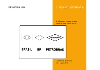 DESIGN BR 1970   II. PROJETO (SISTEMAS)




                 Se o losango vem de fora da
                 palavra, para comprimi-la...




                 ...o BR vem de dentro,
                 para expandi-la
 