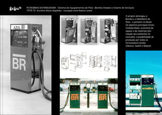 PETROBRAS DISTRIBUIDORA - Sistema de Equipamentos de Pista (Bomba Simples e Estante de Serviços)
1970-72 (Escritório Aloisio Magalhães - concepção inicial Roberto Lanari)

                                                                                        O projeto abrangeu a
                                                                                        Bomba e o Mobiliário de
                                                                                        Pista - o primeiro no Brasil.
                                                                                        Os objetivos principais foram
                                                                                        modularidade, economia de
                                                                                        espaço e de materiais (em
                                                                                        relação aos existentes no
                                                                                        mercado), e possibilidade de
                                                                                        produção por todos os
                                                                                        fornecedores (então
                                                                                        Gilbarco, Sadoll e Wayne).
 