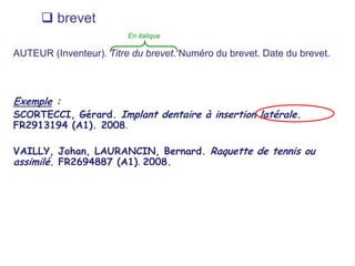Par auteur : citations entre parenthèses ou crochets, par ordre alpha.Dans le texte :«C’est l’animal de trait qui fournit un mouvement continu et c’estlorsqu’on a appris à utiliser ce mouvement que l’on a pu utiliserl’énergie hydraulique.(Haudricourt, 1988)». nom du 1er auteur      + année de publication      + lettre distincte (a,b,c,) si plusieurs docs d’un même auteurDans les réf. bibliogr. :HAUDRICOURT, André-Georges. 1988. L’origine des techniques,p. 330.Auteur + année publ.En italique
