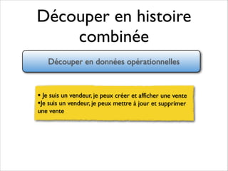Découper en histoire
combinée
Découper en données opérationnelles

• Je suis un vendeur, je peux créer et afﬁcher une vente	

•Je suis un vendeur, je peux mettre à jour et supprimer

une vente	


 