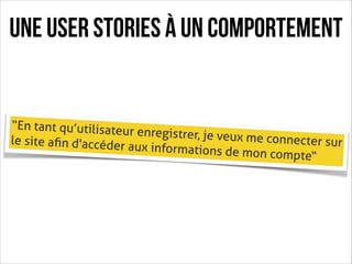 Une user stories à un comportement

“En tant qu’utilisateu
r enregistrer, je veux m
e connecter sur
le site aﬁn d'accéder
aux informations de m
on compte“

 