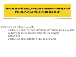 !

“En tant qu’utilisateur, je veux me connecter à Google aﬁn
d’accéder à tous mes services en lignes”

Imaginons les critères suivants :
• L’utilisateur peut voir son identifiant de connexion sur la page
• La barre de menu Google présente les services  
disponibles
• L’utilisateur peut accéder à tous ces services
!

 