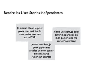 Rendre les User Stories indépendantes

Je suis un client, je peux
payer mes articles de
mon panier avec ma
carte VISA
Je suis un client, je
peux payer mes
articles de mon panier
avec ma carte
American Express

Je suis un client, je peux
payer mes articles de
mon panier avec ma
carte Mastercard

 