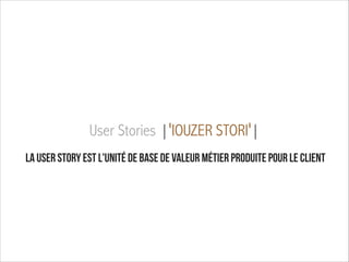 User Stories |ˈIOUZER STORIˈ|
!
!

La user story est l'unité de base de valeur métier produite pour le client

 