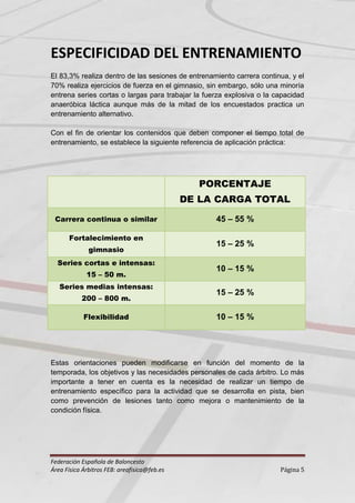 ESPECIFICIDAD DEL ENTRENAMIENTO
El 83,3% realiza dentro de las sesiones de entrenamiento carrera continua, y el
70% realiza ejercicios de fuerza en el gimnasio, sin embargo, sólo una minoría
entrena series cortas o largas para trabajar la fuerza explosiva o la capacidad
anaeróbica láctica aunque más de la mitad de los encuestados practica un
entrenamiento alternativo.

Con el fin de orientar los contenidos que deben componer el tiempo total de
entrenamiento, se establece la siguiente referencia de aplicación práctica:




                                                PORCENTAJE
                                              DE LA CARGA TOTAL

 Carrera continua o similar                        45 – 55 %

      Fortalecimiento en
                                                   15 – 25 %
              gimnasio
  Series cortas e intensas:
                                                   10 – 15 %
             15 – 50 m.
   Series medias intensas:
                                                   15 – 25 %
           200 – 800 m.

            Flexibilidad                           10 – 15 %




Estas orientaciones pueden modificarse en función del momento de la
temporada, los objetivos y las necesidades personales de cada árbitro. Lo más
importante a tener en cuenta es la necesidad de realizar un tiempo de
entrenamiento específico para la actividad que se desarrolla en pista, bien
como prevención de lesiones tanto como mejora o mantenimiento de la
condición física.




Federación Española de Baloncesto
Área Física Árbitros FEB: areafisica@feb.es                            Página 5
 