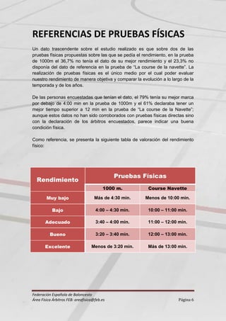 REFERENCIAS DE PRUEBAS FÍSICAS
Un dato trascendente sobre el estudio realizado es que sobre dos de las
pruebas físicas propuestas sobre las que se pedía el rendimiento, en la prueba
de 1000m el 36,7% no tenía el dato de su mejor rendimiento y el 23,3% no
disponía del dato de referencia en la prueba de “La course de la navette”. La
realización de pruebas físicas es el único medio por el cual poder evaluar
nuestro rendimiento de manera objetiva y comparar la evolución a lo largo de la
temporada y de los años.

De las personas encuestadas que tenían el dato, el 79% tenía su mejor marca
por debajo de 4:00 min en la prueba de 1000m y el 61% declaraba tener un
mejor tiempo superior a 12 min en la prueba de “La course de la Navette”;
aunque estos datos no han sido corroborados con pruebas físicas directas sino
con la declaración de los árbitros encuestados, parece indicar una buena
condición física.

Como referencia, se presenta la siguiente tabla de valoración del rendimiento
físico:




                                              Pruebas Físicas
  Rendimiento
                                         1000 m.         Course Navette

        Muy bajo                    Más de 4:30 min.    Menos de 10:00 min.

           Bajo                      4:00 – 4:30 min.    10:00 – 11:00 min.

       Adecuado                      3:40 – 4:00 min.    11:00 – 12:00 min.

          Bueno                      3:20 – 3:40 min.    12:00 – 13:00 min.

       Excelente                   Menos de 3:20 min.    Más de 13:00 min.




Federación Española de Baloncesto
Área Física Árbitros FEB: areafisica@feb.es                            Página 6
 
