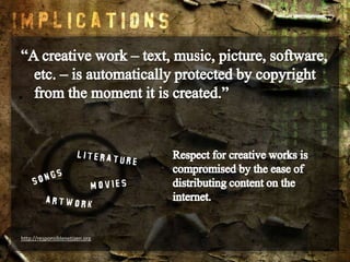 “A creative work – text, music, picture, software, etc. – is automatically protected by copyright from the moment it is created.”Respect for creative works is compromised by the ease of distributing content on the internet.http://responsiblenetizen.org