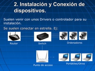 2. Instalación y Conexión de2. Instalación y Conexión de
dispositivos.dispositivos.
Se suelen conectar en estrella. Ej:Se suelen conectar en estrella. Ej:
Router Switch
Punto de acceso
Ordenadores
Portátiles/Otros
Suelen venir con unos Drivers o controlador para su
instalación.
 