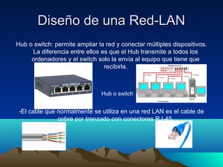 Diseño de una Red-LANDiseño de una Red-LAN
Hub o switch: permite ampliar la red y conectar múltiples dispositivos.
La diferencia entre ellos es que el Hub transmite a todos los
ordenadores y el switch solo la envía al equipo que tiene que
recibirla.
-El cable que normalmente se utiliza en una red LAN es el cable de
cobre por trenzado con conectores RJ-45.
Hub o switch
 