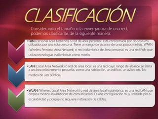 Considerando el tamaño o la envergadura de una red,
podemos clasificarlas de la siguiente manera:
• PAN (Personal Area Network) o red de área personal: está conformada por dispositivos
utilizados por una sola persona. Tiene un rango de alcance de unos pocos metros. WPAN
(Wireless Personal Area Network) o red inalámbrica de área personal: es una red PAN que
utiliza tecnologías inalámbricas como medio.
• LAN (Local Area Network) o red de área local: es una red cuyo rango de alcance se limita
a un área relativamente pequeña, como una habitación, un edificio, un avión, etc. No
medios de uso público.
• WLAN (Wireless Local Area Network) o red de área local inalámbrica: es una red LAN que
emplea medios inalámbricos de comunicación. Es una configuración muy utilizada por su
escalabilidad y porque no requiere instalación de cables.
 