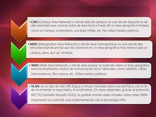 • CAN (Campus Area Network) o red de área de campus: es una red de dispositivos de
alta velocidad que conecta redes de área local a través de un área geográfica limitada,
como un campus universitario, una base militar, etc. No utiliza medios públicos.
• MAN (Metropolitan Area Network) o red de área metropolitana: es una red de alta
velocidad (banda ancha) que da cobertura en un área geográfica más extensa que un
campus, pero, aun así, limitada.
• WAN (Wide Area Network) o red de área amplia: se extiende sobre un área geográfica
extensa empleando medios de comunicación poco habituales, como satélites, cables
interoceánicos, fibra óptica, etc. Utiliza medios públicos.
• VLAN: es un tipo de red LAN lógica o virtual, montada sobre una red física, con el fin
de incrementar la seguridad y el rendimiento. En casos especiales, gracias al protocolo
802.11Q (también llamado QinQ), es posible montar redes virtuales sobre redes WAN.
importante no confundir esta implementación con la tecnología VPN.
 