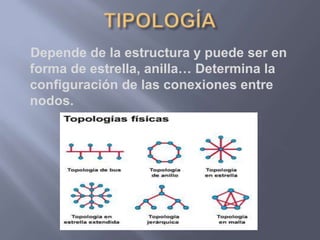 Depende de la estructura y puede ser en
forma de estrella, anilla… Determina la
configuración de las conexiones entre
nodos.
 