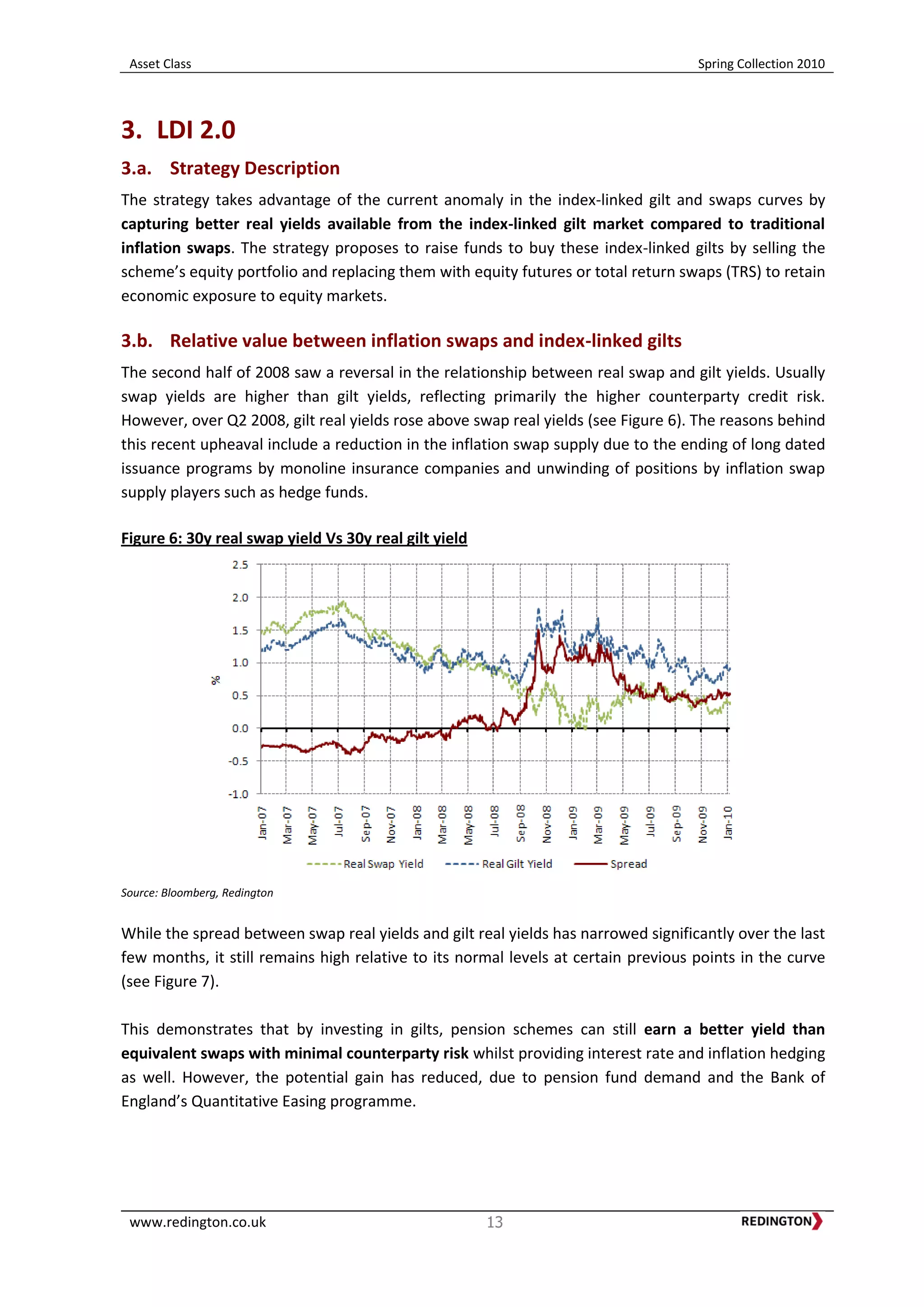 Asset Class Spring Collection 2010
www.redington.co.uk 13
3. LDI 2.0
3.a. Strategy Description
The strategy takes advantage of the current anomaly in the index-linked gilt and swaps curves by
capturing better real yields available from the index-linked gilt market compared to traditional
inflation swaps. The strategy proposes to raise funds to buy these index-linked gilts by selling the
scheme’s equity portfolio and replacing them with equity futures or total return swaps (TRS) to retain
economic exposure to equity markets.
3.b. Relative value between inflation swaps and index-linked gilts
The second half of 2008 saw a reversal in the relationship between real swap and gilt yields. Usually
swap yields are higher than gilt yields, reflecting primarily the higher counterparty credit risk.
However, over Q2 2008, gilt real yields rose above swap real yields (see Figure 6). The reasons behind
this recent upheaval include a reduction in the inflation swap supply due to the ending of long dated
issuance programs by monoline insurance companies and unwinding of positions by inflation swap
supply players such as hedge funds.
Figure 6: 30y real swap yield Vs 30y real gilt yield
Source: Bloomberg, Redington
While the spread between swap real yields and gilt real yields has narrowed significantly over the last
few months, it still remains high relative to its normal levels at certain previous points in the curve
(see Figure 7).
This demonstrates that by investing in gilts, pension schemes can still earn a better yield than
equivalent swaps with minimal counterparty risk whilst providing interest rate and inflation hedging
as well. However, the potential gain has reduced, due to pension fund demand and the Bank of
England’s Quantitative Easing programme.
 