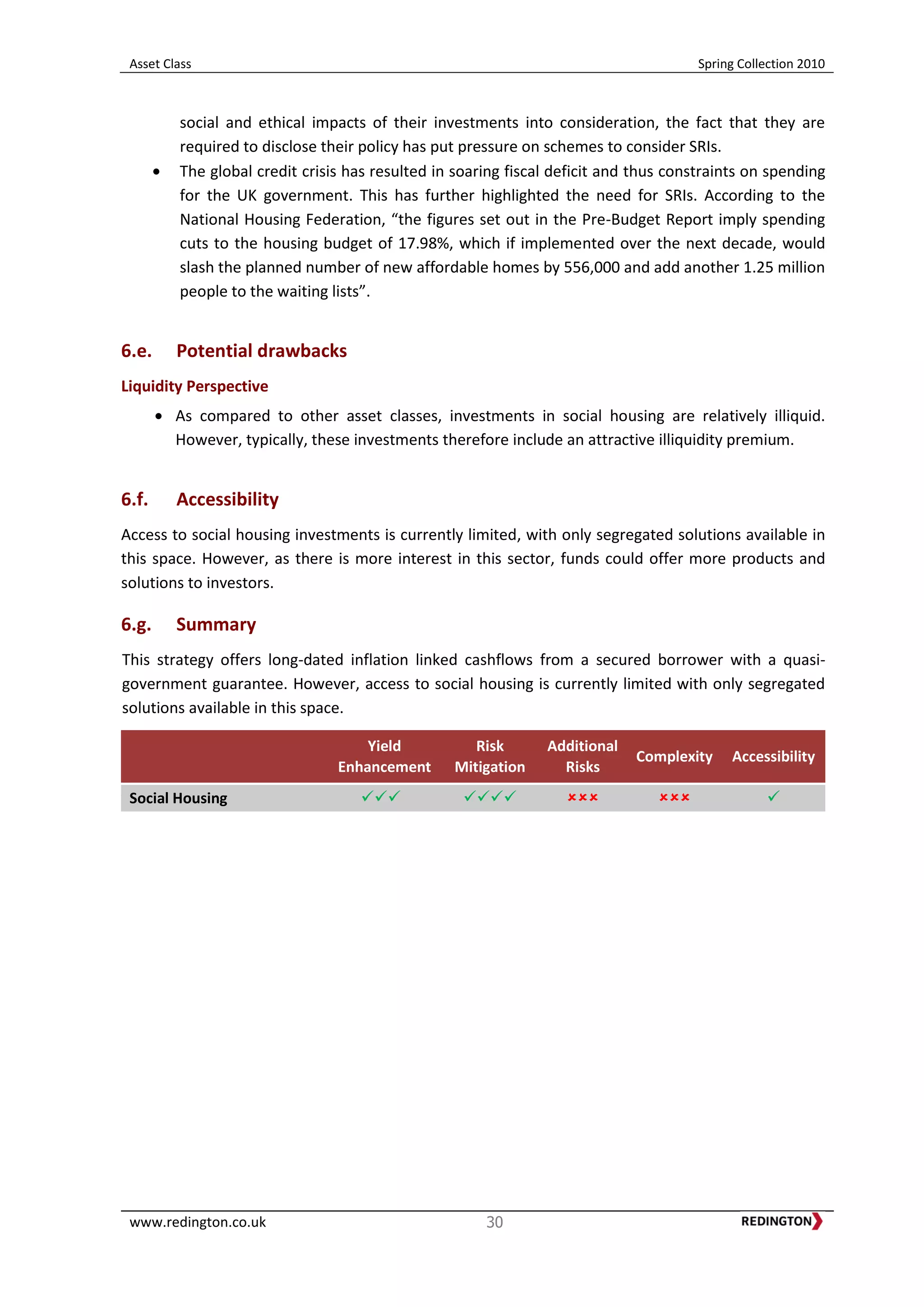 Asset Class Spring Collection 2010
www.redington.co.uk 30
social and ethical impacts of their investments into consideration, the fact that they are
required to disclose their policy has put pressure on schemes to consider SRIs.
The global credit crisis has resulted in soaring fiscal deficit and thus constraints on spending
for the UK government. This has further highlighted the need for SRIs. According to the
National Housing Federation, “the figures set out in the Pre-Budget Report imply spending
cuts to the housing budget of 17.98%, which if implemented over the next decade, would
slash the planned number of new affordable homes by 556,000 and add another 1.25 million
people to the waiting lists”.
6.e. Potential drawbacks
Liquidity Perspective
As compared to other asset classes, investments in social housing are relatively illiquid.
However, typically, these investments therefore include an attractive illiquidity premium.
6.f. Accessibility
Access to social housing investments is currently limited, with only segregated solutions available in
this space. However, as there is more interest in this sector, funds could offer more products and
solutions to investors.
6.g. Summary
This strategy offers long-dated inflation linked cashflows from a secured borrower with a quasi-
government guarantee. However, access to social housing is currently limited with only segregated
solutions available in this space.
Yield
Enhancement
Risk
Mitigation
Additional
Risks
Complexity Accessibility
Social Housing     
 