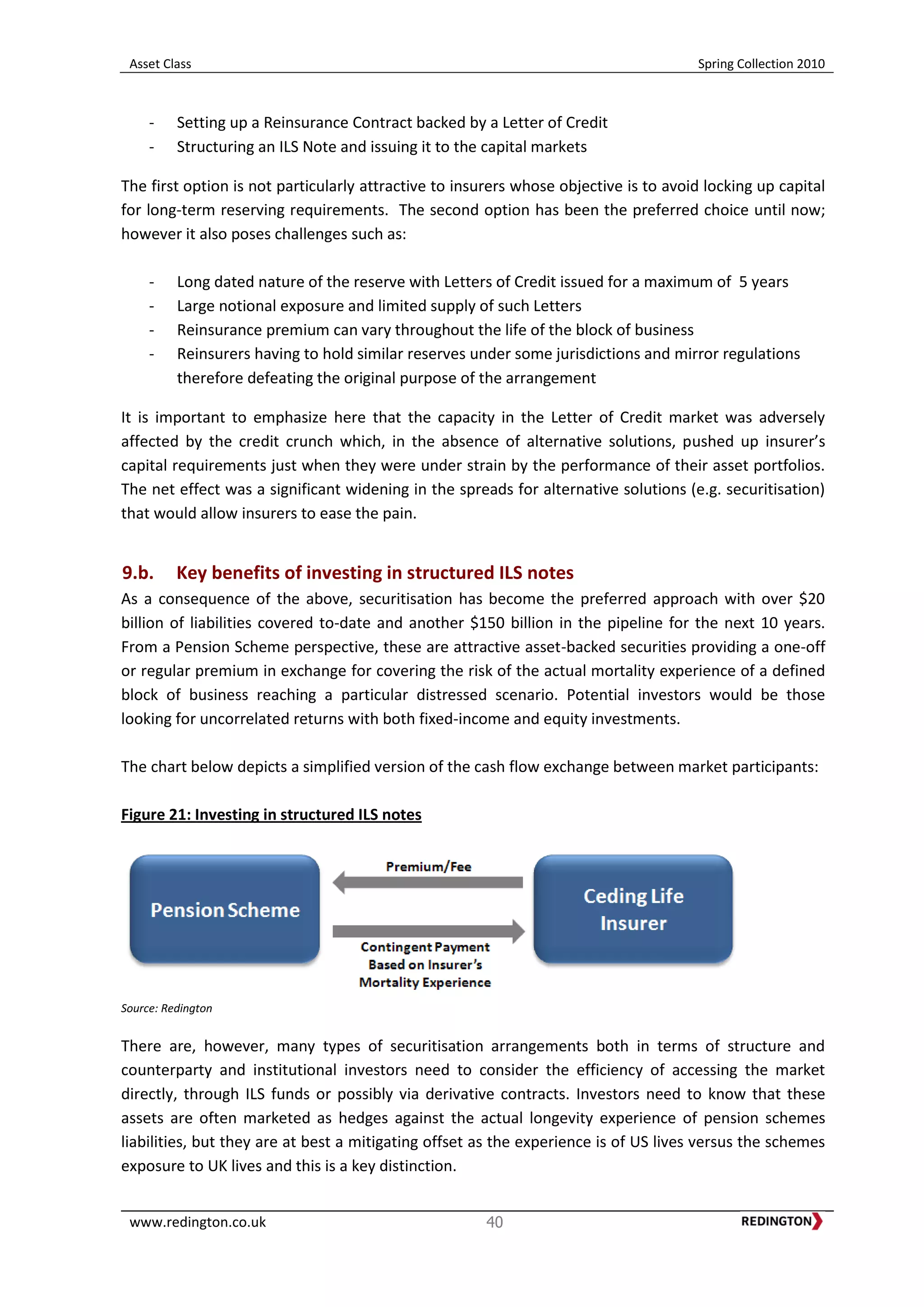 Asset Class Spring Collection 2010
www.redington.co.uk 40
- Setting up a Reinsurance Contract backed by a Letter of Credit
- Structuring an ILS Note and issuing it to the capital markets
The first option is not particularly attractive to insurers whose objective is to avoid locking up capital
for long-term reserving requirements. The second option has been the preferred choice until now;
however it also poses challenges such as:
- Long dated nature of the reserve with Letters of Credit issued for a maximum of 5 years
- Large notional exposure and limited supply of such Letters
- Reinsurance premium can vary throughout the life of the block of business
- Reinsurers having to hold similar reserves under some jurisdictions and mirror regulations
therefore defeating the original purpose of the arrangement
It is important to emphasize here that the capacity in the Letter of Credit market was adversely
affected by the credit crunch which, in the absence of alternative solutions, pushed up insurer’s
capital requirements just when they were under strain by the performance of their asset portfolios.
The net effect was a significant widening in the spreads for alternative solutions (e.g. securitisation)
that would allow insurers to ease the pain.
9.b. Key benefits of investing in structured ILS notes
As a consequence of the above, securitisation has become the preferred approach with over $20
billion of liabilities covered to-date and another $150 billion in the pipeline for the next 10 years.
From a Pension Scheme perspective, these are attractive asset-backed securities providing a one-off
or regular premium in exchange for covering the risk of the actual mortality experience of a defined
block of business reaching a particular distressed scenario. Potential investors would be those
looking for uncorrelated returns with both fixed-income and equity investments.
The chart below depicts a simplified version of the cash flow exchange between market participants:
Figure 21: Investing in structured ILS notes
Source: Redington
There are, however, many types of securitisation arrangements both in terms of structure and
counterparty and institutional investors need to consider the efficiency of accessing the market
directly, through ILS funds or possibly via derivative contracts. Investors need to know that these
assets are often marketed as hedges against the actual longevity experience of pension schemes
liabilities, but they are at best a mitigating offset as the experience is of US lives versus the schemes
exposure to UK lives and this is a key distinction.
 