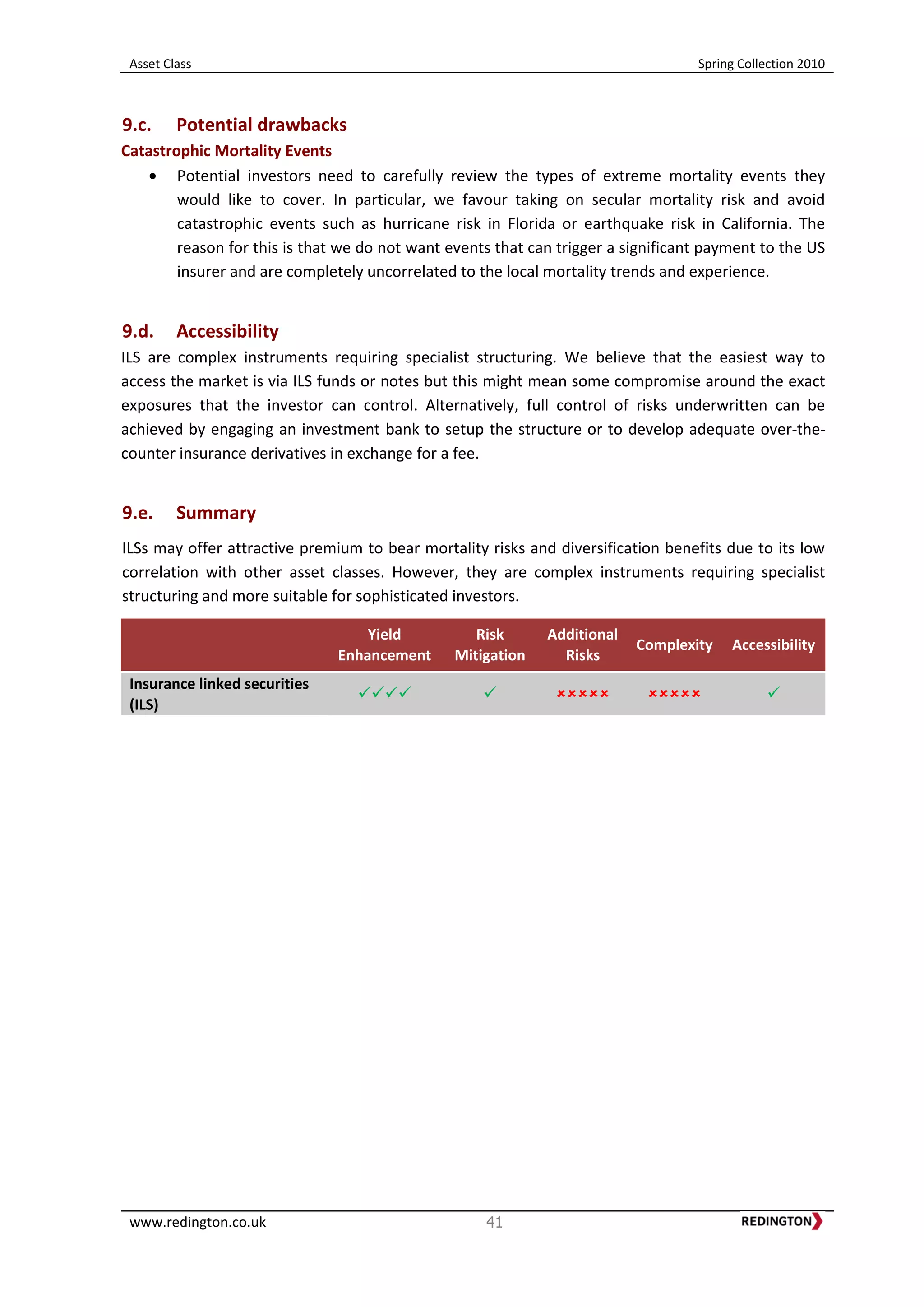 Asset Class Spring Collection 2010
www.redington.co.uk 41
9.c. Potential drawbacks
Catastrophic Mortality Events
Potential investors need to carefully review the types of extreme mortality events they
would like to cover. In particular, we favour taking on secular mortality risk and avoid
catastrophic events such as hurricane risk in Florida or earthquake risk in California. The
reason for this is that we do not want events that can trigger a significant payment to the US
insurer and are completely uncorrelated to the local mortality trends and experience.
9.d. Accessibility
ILS are complex instruments requiring specialist structuring. We believe that the easiest way to
access the market is via ILS funds or notes but this might mean some compromise around the exact
exposures that the investor can control. Alternatively, full control of risks underwritten can be
achieved by engaging an investment bank to setup the structure or to develop adequate over-the-
counter insurance derivatives in exchange for a fee.
9.e. Summary
ILSs may offer attractive premium to bear mortality risks and diversification benefits due to its low
correlation with other asset classes. However, they are complex instruments requiring specialist
structuring and more suitable for sophisticated investors.
Yield
Enhancement
Risk
Mitigation
Additional
Risks
Complexity Accessibility
Insurance linked securities
(ILS)
    
 