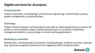 Eligible cost items for all projects
13
Professional fees
Project-related fees, including legal, architectural, engineerin...