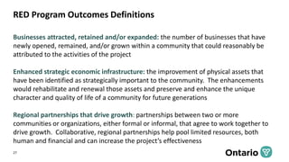 RED Program Outcomes Definitions
27
Businesses attracted, retained and/or expanded: the number of businesses that have
new...
