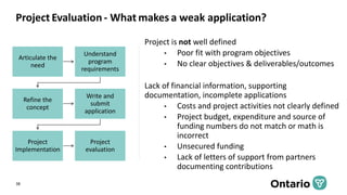 Project Evaluation - What makes a weak application?
Project is not well defined
• Poor fit with program objectives
• No cl...