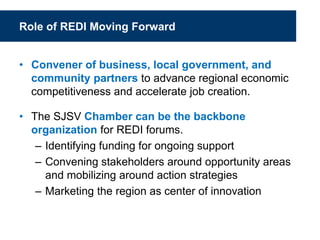 Role of REDI Moving Forward
• Convener of business, local government, and
community partners to advance regional economic
competitiveness and accelerate job creation.
• The SJSV Chamber can be the backbone
organization for REDI forums.
– Identifying funding for ongoing support
– Convening stakeholders around opportunity areas
and mobilizing around action strategies
– Marketing the region as center of innovation
 
