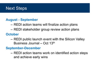 Next Steps
August - September
– REDI action teams will finalize action plans
– REDI stakeholder group review action plans
October
– REDI public launch event with the Silicon Valley
Business Journal – Oct 13th
September-December
– REDI action teams work on identified action steps
and achieve early wins
 