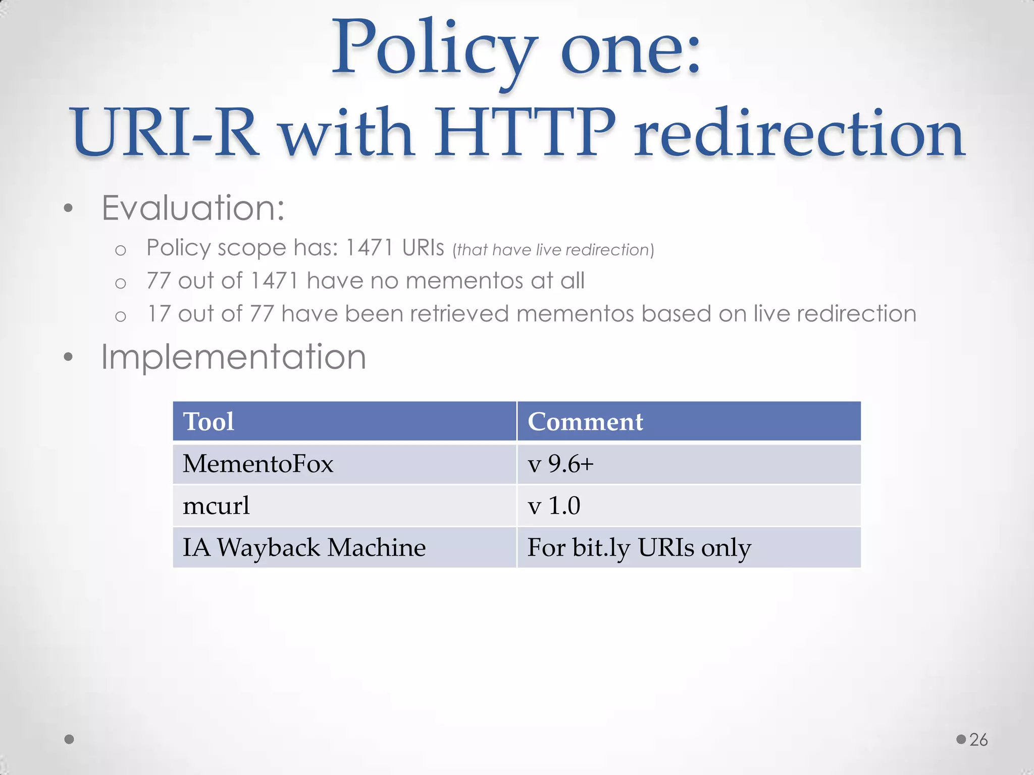Policy one:
URI-R with HTTP redirection
• Evaluation:
o Policy scope has: 1471 URIs (that have live redirection)
o 77 out of 1471 have no mementos at all
o 17 out of 77 have been retrieved mementos based on live redirection
• Implementation
26
Tool Comment
MementoFox v 9.6+
mcurl v 1.0
IA Wayback Machine For bit.ly URIs only
 