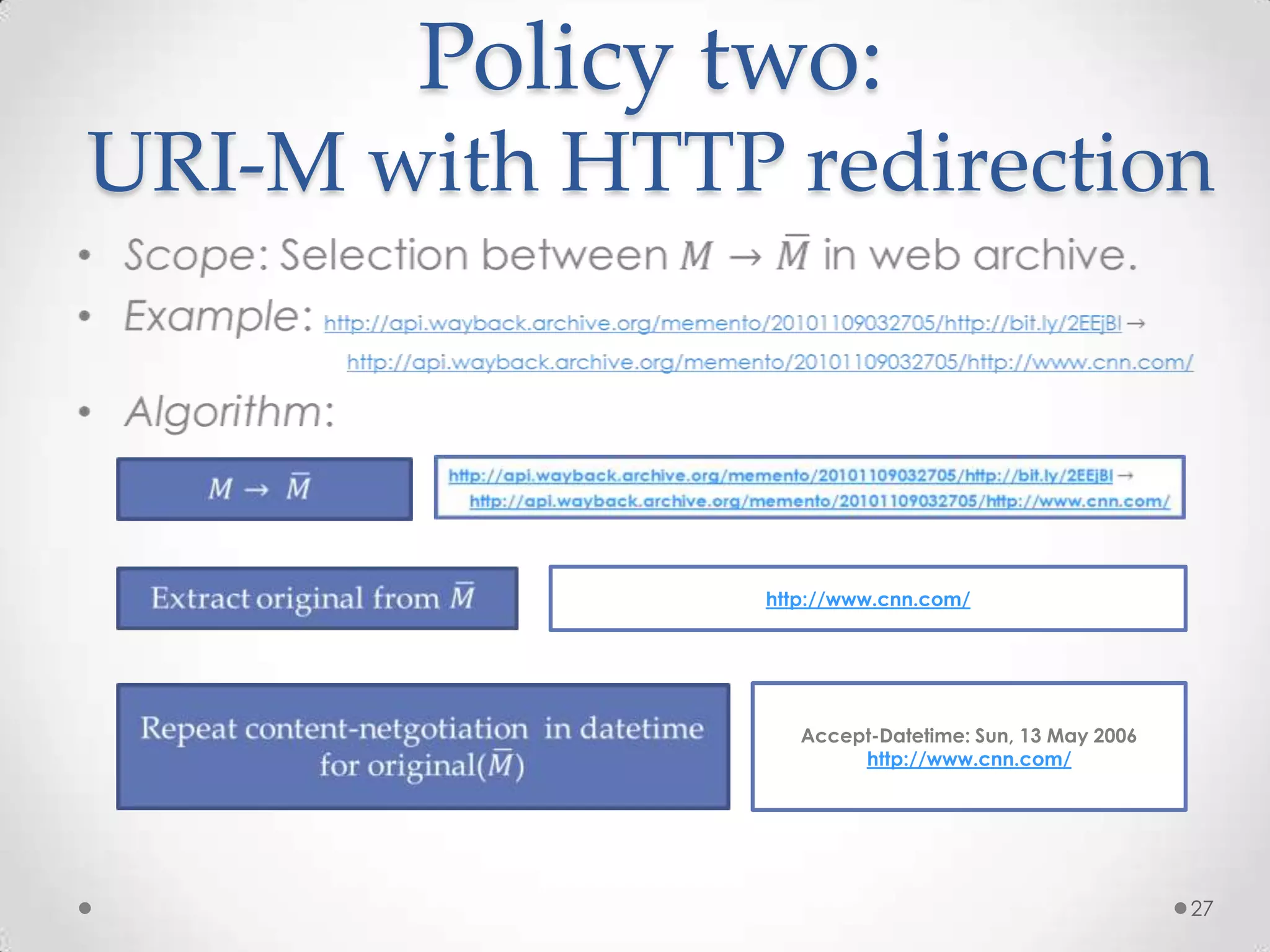 Policy two:
URI-M with HTTP redirection
http://www.cnn.com/
Accept-Datetime: Sun, 13 May 2006
http://www.cnn.com/
27
 