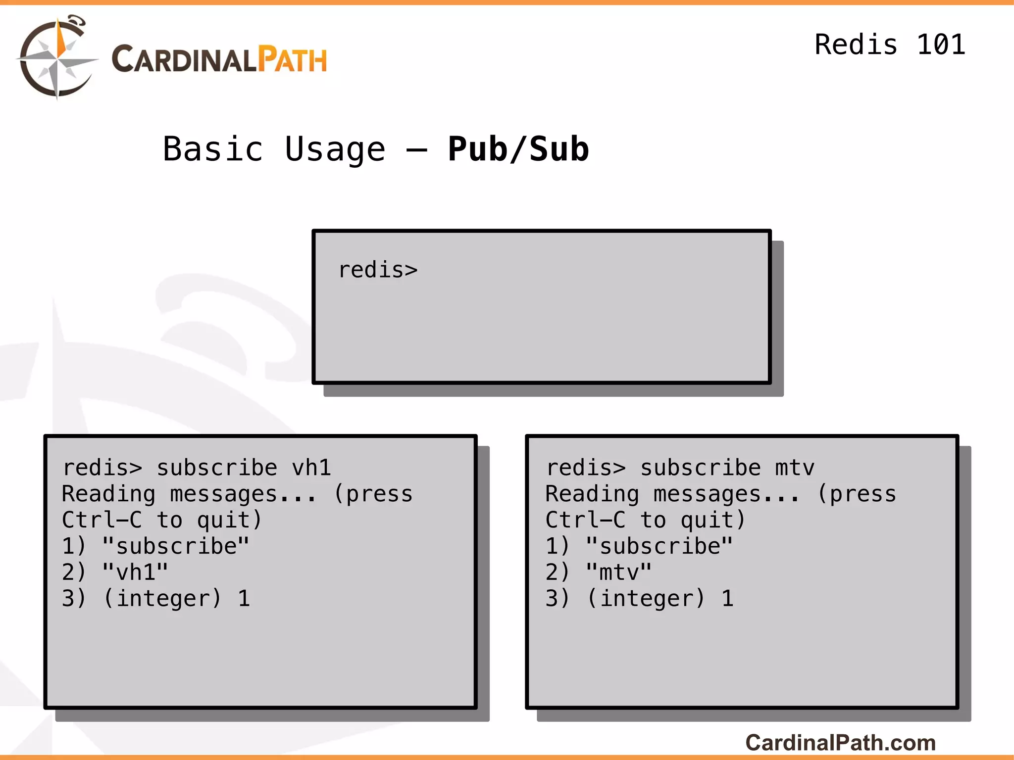 Redis 101


       Basic Usage – Pub/Sub


                    redis>




redis> subscribe vh1         redis> subscribe mtv
Reading messages... (press   Reading messages... (press
Ctrl-C to quit)              Ctrl-C to quit)
1) "subscribe"               1) "subscribe"
2) "vh1"                     2) "mtv"
3) (integer) 1               3) (integer) 1




                                           CardinalPath.com
 