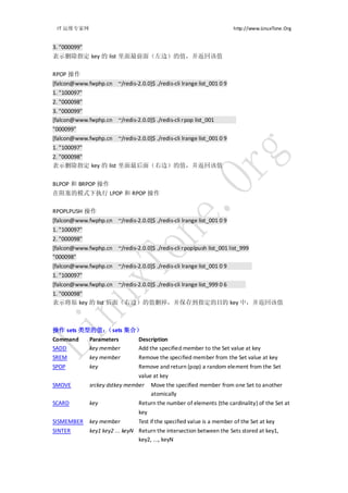 IT 运维专家网                                                               http://www.LinuxTone.Org


3. "000099"
表示删除指定 key 的 list 里面最前面（左边）的值，并返回该值

RPOP 操作
[falcon@www.fwphp.cn ~/redis-2.0.0]$ ./redis-cli lrange list_001 0 9
1. "100097"
2. "000098"
3. "000099"
[falcon@www.fwphp.cn ~/redis-2.0.0]$ ./redis-cli rpop list_001
"000099"
[falcon@www.fwphp.cn ~/redis-2.0.0]$ ./redis-cli lrange list_001 0 9
1. "100097"
2. "000098"
表示删除指定 key 的 list 里面最后面（右边）的值，并返回该值


BLPOP 和 BRPOP 操作
在阻塞的模式下执行 LPOP 和 RPOP 操作

RPOPLPUSH 操作
[falcon@www.fwphp.cn ~/redis-2.0.0]$ ./redis-cli lrange list_001 0 9
1. "100097"
2. "000098"
[falcon@www.fwphp.cn ~/redis-2.0.0]$ ./redis-cli rpoplpush list_001 list_999
"000098"
[falcon@www.fwphp.cn ~/redis-2.0.0]$ ./redis-cli lrange list_001 0 9
1. "100097"
[falcon@www.fwphp.cn ~/redis-2.0.0]$ ./redis-cli lrange list_999 0 6
1. "000098"
表示将原 key 的 list 后面（右边）的值删掉，并保存到指定的目的 key 中，并返回该值



操作 sets 类型的值：（sets 集合）
Command       Parameters         Description
SADD          key member         Add the specified member to the Set value at key
SREM          key member         Remove the specified member from the Set value at key
SPOP          key                Remove and return (pop) a random element from the Set
                                value at key
SMOVE         srckey dstkey member Move the specified member from one Set to another
                                     atomically
SCARD         key               Return the number of elements (the cardinality) of the Set at
                                 key
SISMEMBER     key member         Test if the specified value is a member of the Set at key
SINTER        key1 key2 ... keyN Return the intersection between the Sets stored at key1,
                                 key2, ..., keyN
 