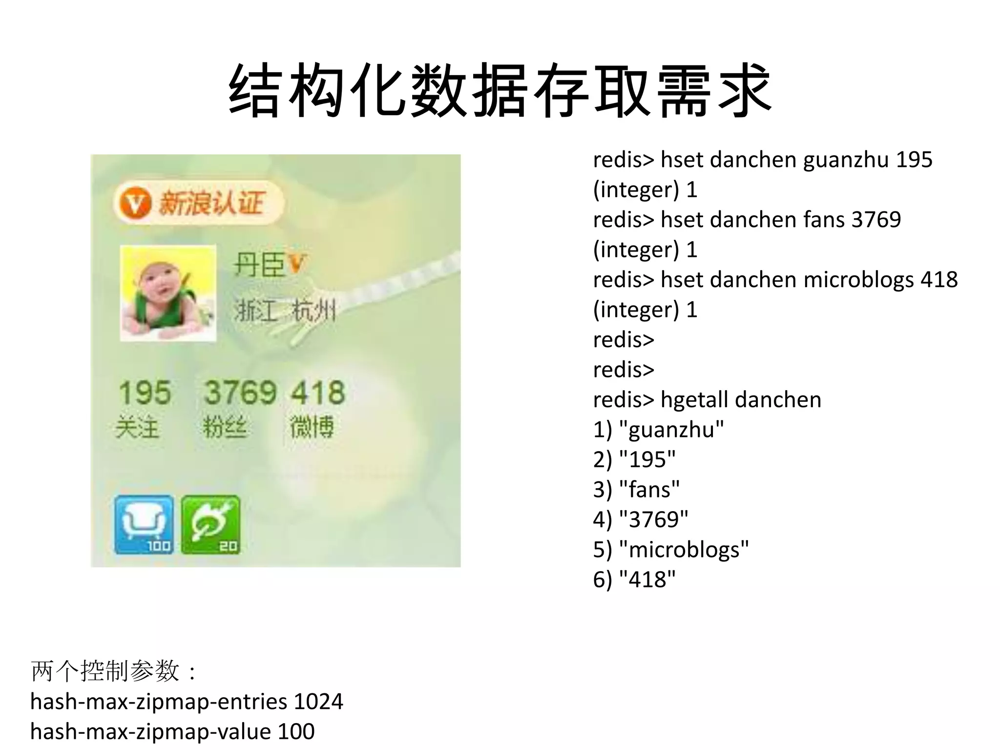 结构化数据存取需求redis> hsetdanchenguanzhu 195(integer) 1redis> hsetdanchen fans 3769(integer) 1redis> hsetdanchenmicroblogs 418(integer) 1redis> redis> redis> hgetalldanchen1) "guanzhu"2) "195"3) "fans"4) "3769"5) "microblogs"6) "418"两个控制参数：hash-max-zipmap-entries 1024 hash-max-zipmap-value 100