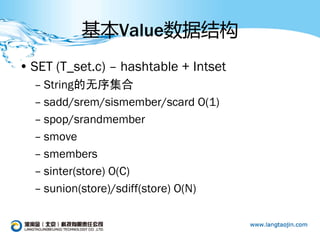 基本Value数据结构
• SET (T_set.c) – hashtable + Intset
  – String的无序集合
  – sadd/srem/sismember/scard O(1)
  – spop/srandmember
  – smove
  – smembers
  – sinter(store) O(C)
  – sunion(store)/sdiff(store) O(N)
 