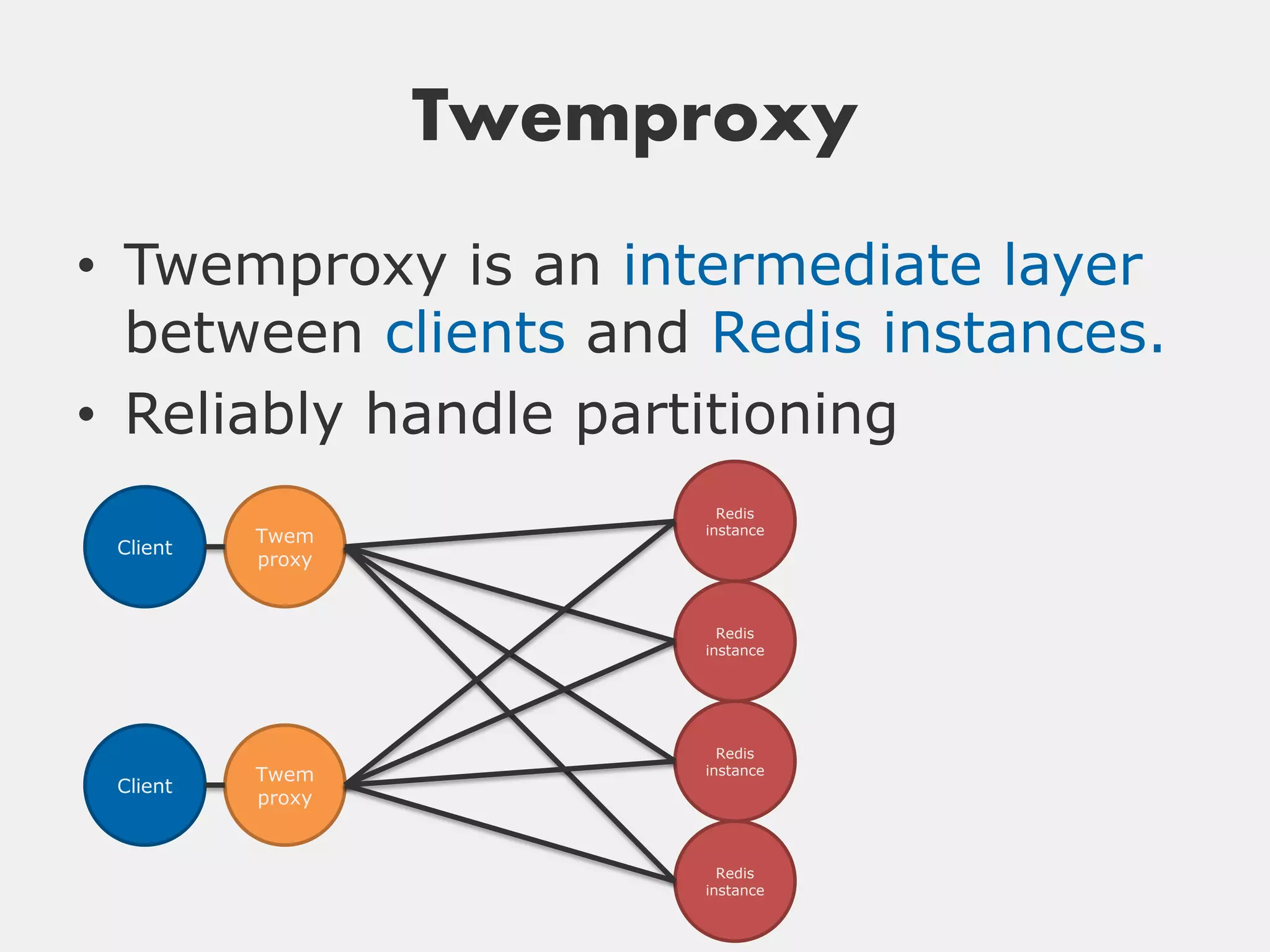 Twemproxy
• Twemproxy is an intermediate layer
  between clients and Redis instances.
• Reliably handle partitioning
                         Redis
                       instance
          Twem
 Client
          proxy


                         Redis
                       instance




                         Redis
          Twem         instance
 Client
          proxy


                         Redis
                       instance
 