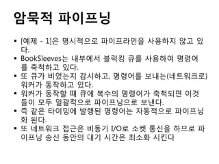 암묵적 파이프닝
 [예제 - 1]은 명시적으로 파이프라인을 사용하지 않고 있
다.
 BookSleeves는 내부에서 블럭킹 큐를 사용하여 명령어
를 축척하고 있다.
 또 큐가 비었는지 감시하고, 명령어를 보내는(네트워크로)
워커가 동작하고 있다.
 워커가 동작할 때 큐에 복수의 명령어가 축척되면 이것
들이 모두 일괄적으로 파이프닝으로 보낸다.
 즉 같은 타이밍에 발행된 명령어는 자동적으로 파이프닝
화 된다.
 또 네트워크 접근은 비동기 I/O로 소켓 통신을 하므로 파
이프닝 송신 동안의 대기 시간은 최소화 시킨다
 