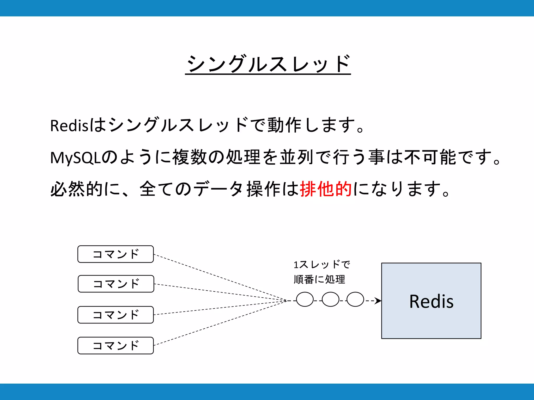 シングルスレッド
Redisはシングルスレッドで動作します。
MySQLのように複数の処理を並列で行う事は不可能です。
必然的に、全てのデータ操作は排他的になります。
Redis
コマンド
コマンド
コマンド
コマンド
1スレッドで
順番に処理
 