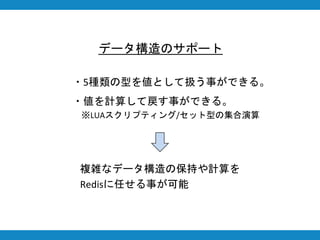 データ構造のサポート
・5種類の型を値として扱う事ができる。
・値を計算して戻す事ができる。
※LUAスクリプティング/セット型の集合演算
複雑なデータ構造の保持や計算を
Redisに任せる事が可能
 