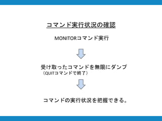 コマンド実行状況の確認
MONITORコマンド実行
受け取ったコマンドを無限にダンプ
（QUITコマンドで終了）
コマンドの実行状況を把握できる。
 