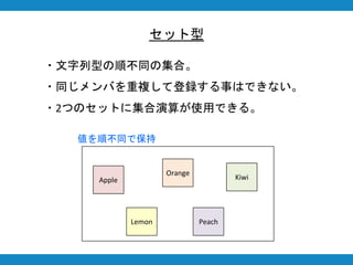 セット型
・文字列型の順不同の集合。
・同じメンバを重複して登録する事はできない。
・2つのセットに集合演算が使用できる。
Apple
Orange
Lemon
Kiwi
Peach
値を順不同で保持
 