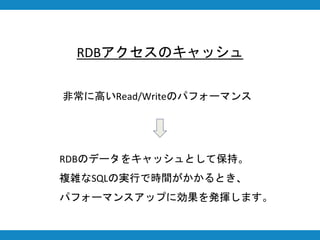 RDBアクセスのキャッシュ
非常に高いRead/Writeのパフォーマンス
RDBのデータをキャッシュとして保持。
複雑なSQLの実行で時間がかかるとき、
パフォーマンスアップに効果を発揮します。
 
