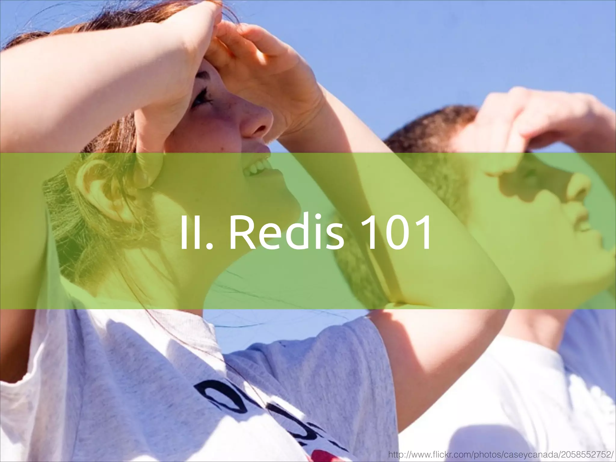 II. Redis 101

http://www.ﬂickr.com/photos/caseycanada/2058552752/

 