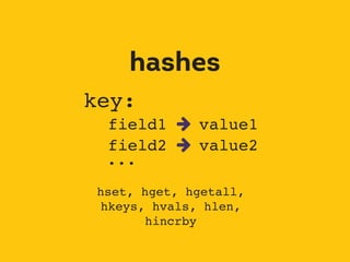hashes
field1  value1
hset, hget, hgetall,
hkeys, hvals, hlen,
hincrby
field2  value2
...
key:
 