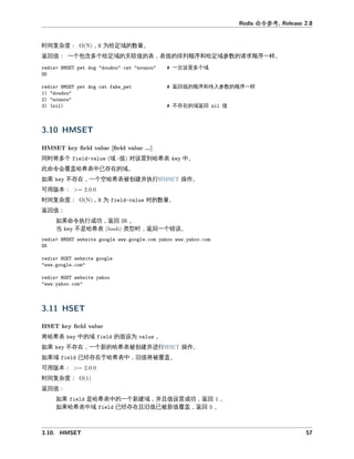 命令参
时 复杂度 为 定域 数 。
回值 一个包含多个 定域 关 值 值 排列 序和 定域参数 序一样。
一次 多个域
回值 序和传入参数 序一样
不存在 域 回 值
同时将多个 域 值 对 到哈希 中。
命令会 哈希 中已存在 域。
如果 不存在 一个 哈希 创建并执 操作。
可 本
时 复杂度 为 对 数 。
回值
如果命令执 成功 回 。
当 不是哈希 型时 回一个 。
将哈希 中 域 值 为 。
如果 不存在 一个新 哈希 创建并 操作。
如果域 已 存在于哈希 中 旧值将 。
可 本
时 复杂度
回值
如果 是哈希 中 一个新建域 并且值 成功 回 。
如果哈希 中域 已 存在且旧值已 新值 回 。
 