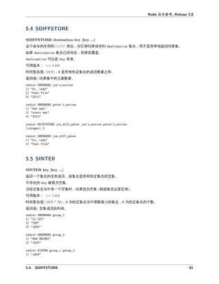 命令参
个命令 作 和 似 但它将 果保存到 合 不是 单地 回 果 。
如果 合已 存在 则将其 。
可以是 本 。
可 本
时 复杂度 是所有 定 合 成员数 之和。
回值 果 中 元 数 。
回一个 合 全 成员 合是所有 定 合 交 。
不存在 为 。
当 定 合当中有一个 时 果也为 根据 合 定律 。
可 本
时 复杂度 为 定 合当中基数最小 合 为 定 合 个数。
回值 交 成员 列 。
 
