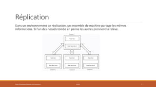 Réplication
Dans un environnement de réplication, un ensemble de machine partage les mêmes
informations. Si l’un des nœuds tombe en panne les autres prennent la relève.
https://inesslimene.wixsite.com/moncours REDIS 7
 
