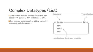 Complex Datatypes (List)
Lists contain multiple ordered values that can
act as both queues (FIFO) and stacks (FILO).
Can exceute actions such as adding element in
the middle, deleting values, ...
 