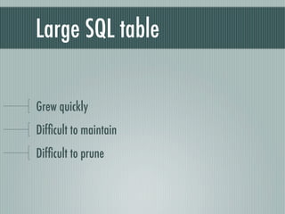 Large SQL table

Grew quickly
Difﬁcult to maintain
Difﬁcult to prune
 