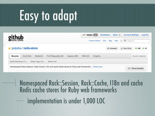 Easy to adapt



Namespaced Rack::Session, Rack::Cache, I18n and cache
Redis cache stores for Ruby web frameworks
   imple...