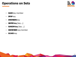 Operations on Sets
20
SINTERkey [key ...]
SUNIONkey [key ...]
SISMEMBER key member
• SADDkey member
• SPOPkey
• SMEMBERSkey
•
•
•
• SCARD key
 