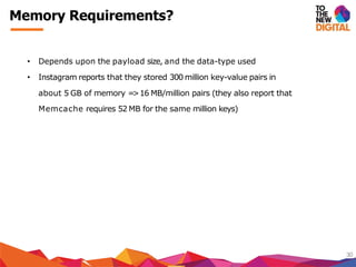 Memory Requirements?
30
• Depends upon the payload size, and the data-type used
• Instagram reports that they stored 300 million key-value pairs in
about 5 GB of memory =>16 MB/million pairs (they also report that
Memcache requires 52 MB for the same million keys)
 