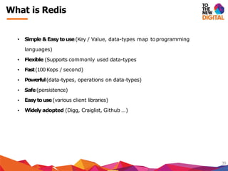 What is Redis
39
• Simple &Easytouse(Key / Value, data-types map toprogramming
Fast(100 Kops / second)
Powerful(data-types, operations on data-types)
Safe(persistence)
Easytouse(various client libraries)
languages)
• Flexible (Supports commonly used data-types
•
•
•
•
• Widely adopted (Digg, Craiglist, Github …)
 